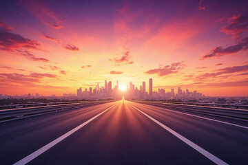 cityscape at sunset with broad road leading to modern skyscrapers skyline