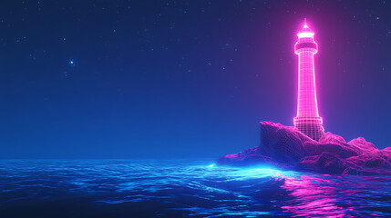 Pixel Art Lighthouse at Night Neon Pink and Blue Glow Digital Art