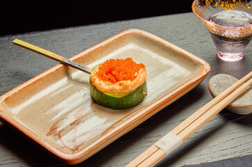 traditional Japanese cuisine grilled zucchini with red caviar
