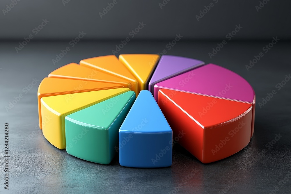 Poster Colorful geometric shapes arranged in a pie chart formation on a dark surface representing data visualization concepts