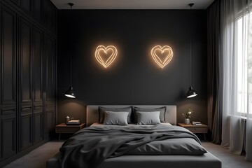 A modern black and white bedroom with LED heart-shaped wall lights and a cozy bed.