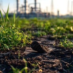 Obraz premium Dark Oil Spill on Ground Near Industrial Plant