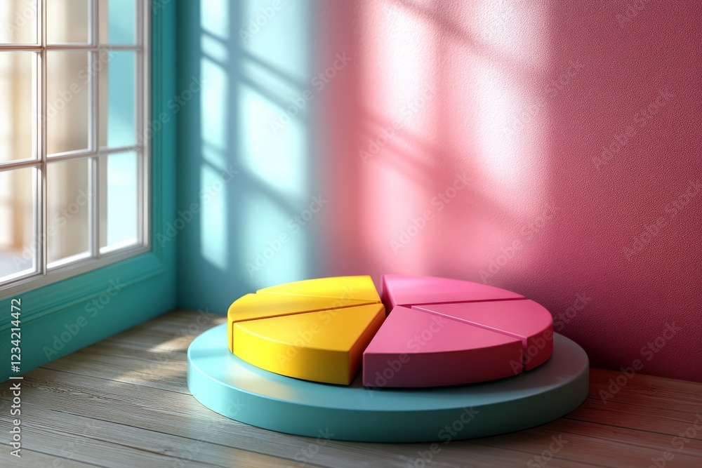 Poster colorful pie chart model on a wooden floor with sunlight streaming through the window in a bright ro