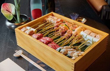 Japanese traditional cuisine set of skewers for grill