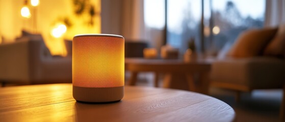 Modern home speaker with LED light glowing, voice command interaction
