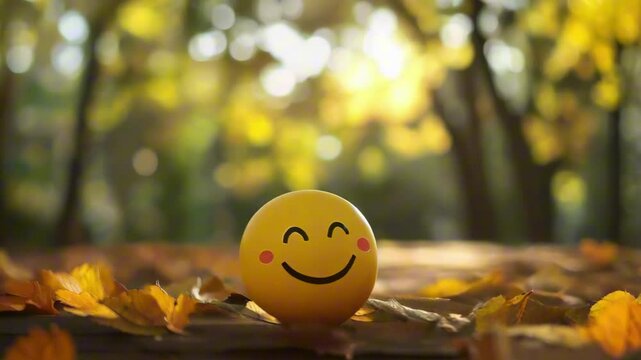 Small yellow smiley ball sits on autumn leaves, illuminated by soft golden sunlight, symbolizing joy and warmth
