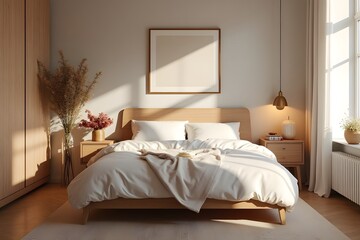 A Scandinavian-style romantic bedroom with wooden furniture, warm lighting, and fresh flowers.