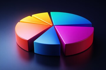 Obraz premium Colorful pie chart representing data distribution with vibrant segments illuminated against a dark background