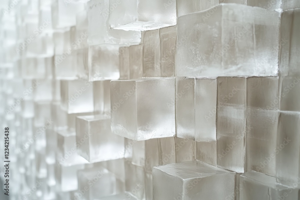 Poster transparent ice cubes stacked against a textured wall create an abstract and cool visual effect in a
