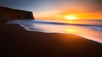 Fototapeta premium Dark Sand Beach Sunset Seascape