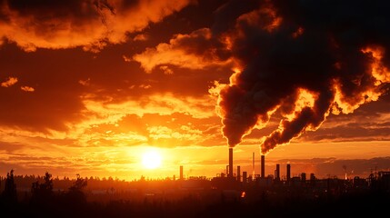 Fototapeta premium Dark Silhouette of Industrial Plant at Sunset