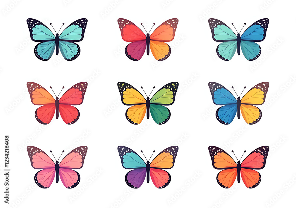 Poster set colorful butterfly icons made simple white background modern digital style use various