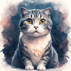 A beautifully detailed watercolor painting of a Scottish Fold cat with its soft, plush coat
