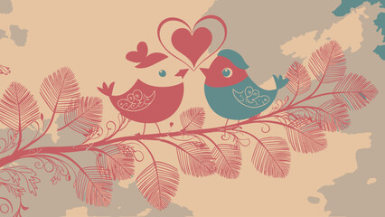 Obraz premium Vibrant Birds Perched on Branch Against Colorful Sky With Love Symbol