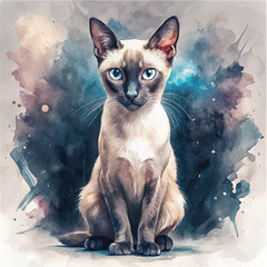 A beautifully detailed watercolor painting of a Siamese cat with its sleek coat and dark points