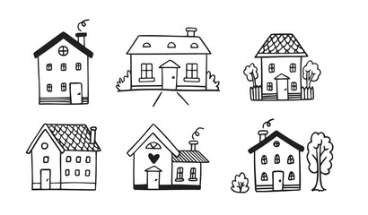 Hand drawn doodle house vector set. Cute outline houses black and white line illustration
