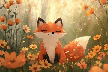 Obraz premium Charming fox enjoys a sunny moment among vibrant wildflowers in a serene forest setting