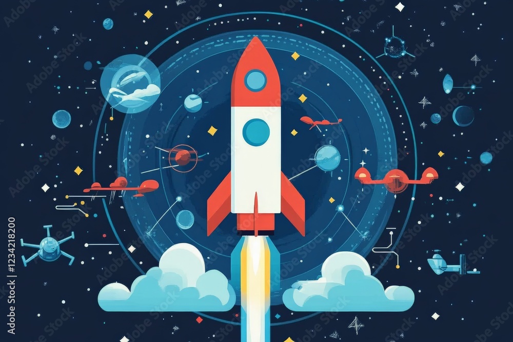 Poster rocket launching into space with planets and stars in a colorful cosmic background