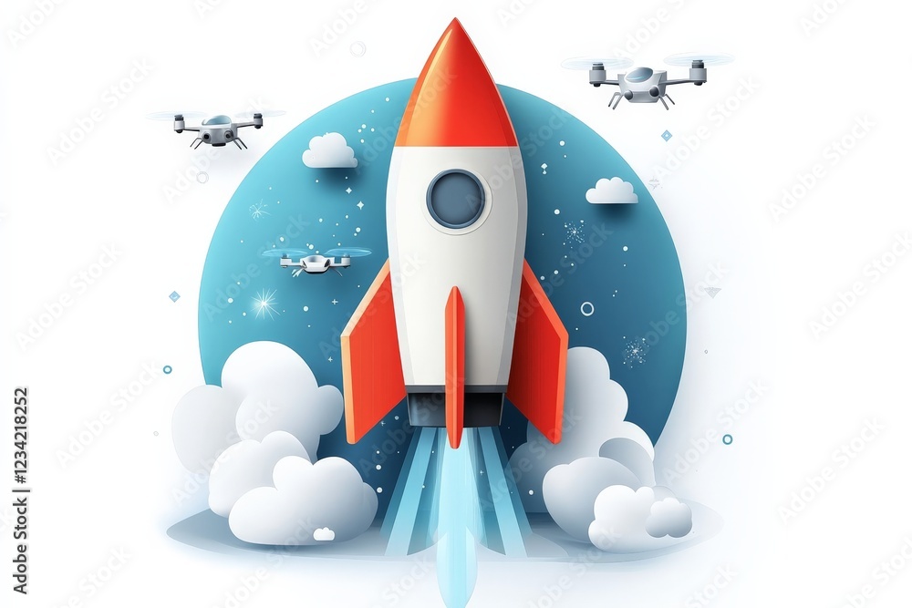 Poster rocket launches into space surrounded by drones and clouds in a vibrant digital illustration