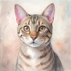 A refined watercolor painting of a Bengal cat with intricate details of its fur and eyes