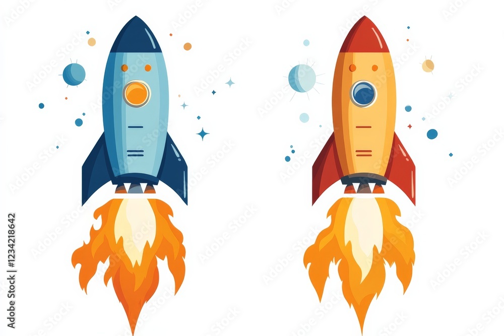 Poster colorful cartoon rockets launching into space with vibrant flames and celestial elements in a playfu