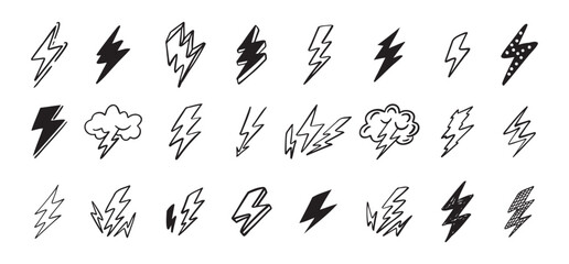 Doodle set lightning line art. Hand drawn lightning icons