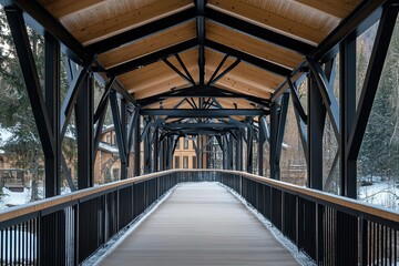 Modern covered pedestrian bridge winter scene