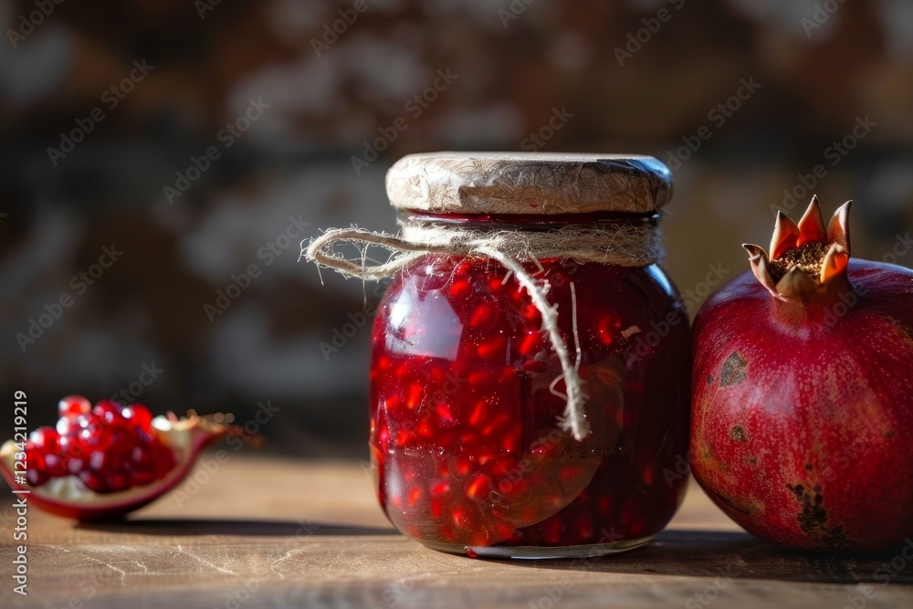 Poster pomegranate jam in a glass jar with a rustic lid and string, accompanied by a fresh pomegranate and 