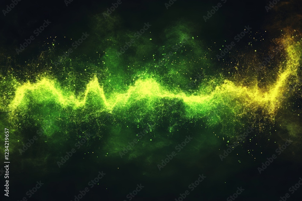 Poster Captivating green wave of particles creating a vibrant abstract pattern in dark space