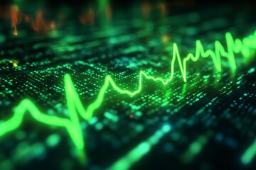 Green heartbeat waveform displayed on a digital screen with dynamic background patterns during evening hours