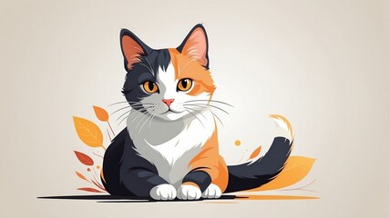 Calico Cat Autumn Leaves Illustration