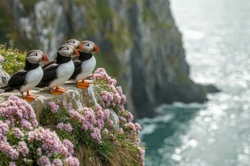 Fototapeta premium Puffins standing on a cliff surrounded by flowers overlooking a sparkling ocean at sunset