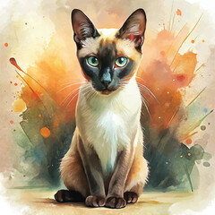 A refined watercolor painting of a Siamese cat with its striking contrast between light body and dark points