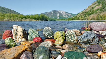 Russia. Western Sayans. Multicolored minerals of unusual beauty in the mountain tributaries of the...