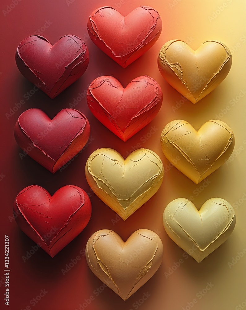 Poster a transition from deep red to light yellow hearts drawing in gradient background