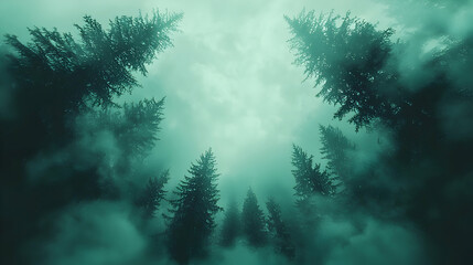 Misty forest, low angle view, atmospheric, dark green, nature background, website design