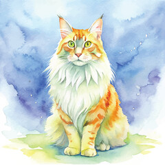 A stunning watercolor composition of a Maine Coon cat with intricate details in its coat