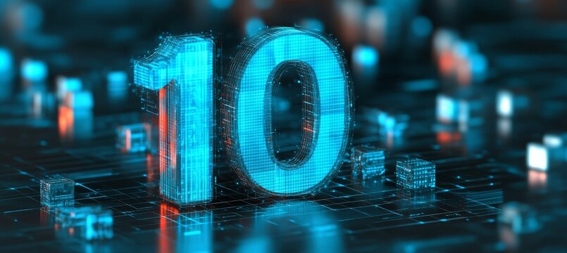 Glowing 3D Number 10 on Futuristic Microchip Circuit Board with Transistors and Blue Lines