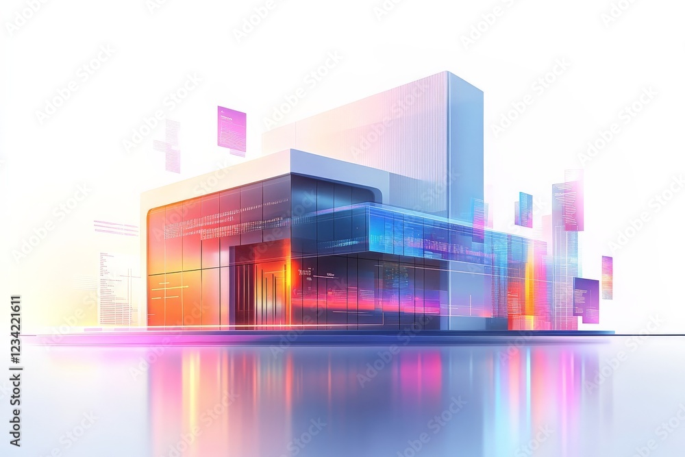 Poster urban digital architecture showcases innovative design and technology through vibrant colors and int