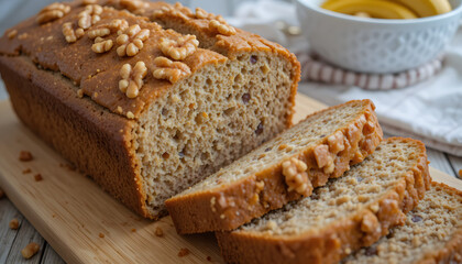 walnut banana bread with slices, cut out