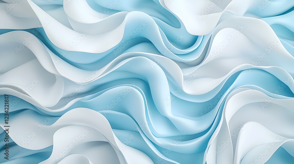 Poster the image contains an abstract representation of flowing, wavy fabric in shades of light blue and wh