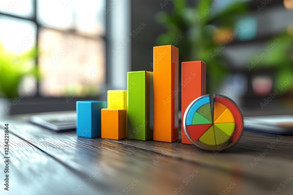 Aufkleber colorful financial graphs and pie chart on a wooden desk in a modern office setting giving insights 