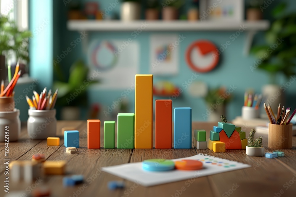 Poster Colorful charts and graphs made from building blocks on a wooden table in a bright workspace with artistic supplies