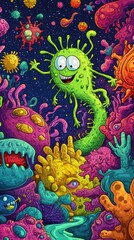 Fototapeta premium A Happy Virus Among Colorful Microbes In Space