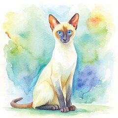 A stunning watercolor composition of a Siamese cat with deep blue eyes and sleek fur