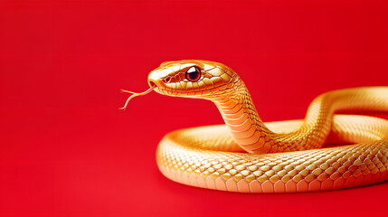 Fototapeta premium Long delicate golden snake on a red simple background, Generative AI