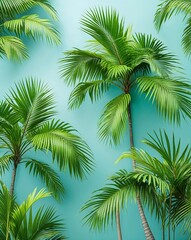 Fototapeta premium Bright green palm leaves on a light turquoise background