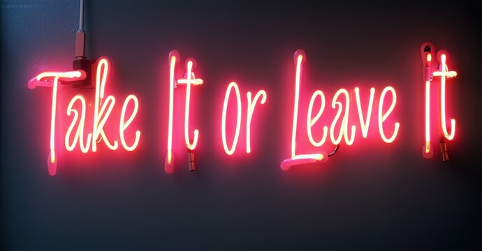 Neon sign take it or leave it glows in red against a dark background. The bold lettering conveys a decisive ultimatum, creating a striking, high-contrast illuminated statement