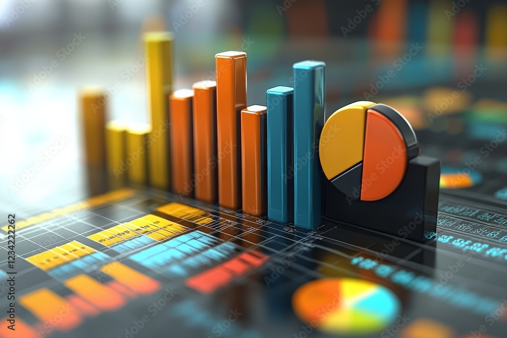 Poster colorful bar and pie charts showcasing data analysis in a modern office environment