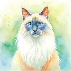 A stunning watercolor composition of a Ragdoll cat with detailed fur and a calm expression